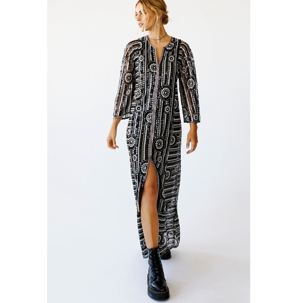 Free People x Anna Sui Sequin Kaftan Maxi Dress Black Silver Boho P XS
